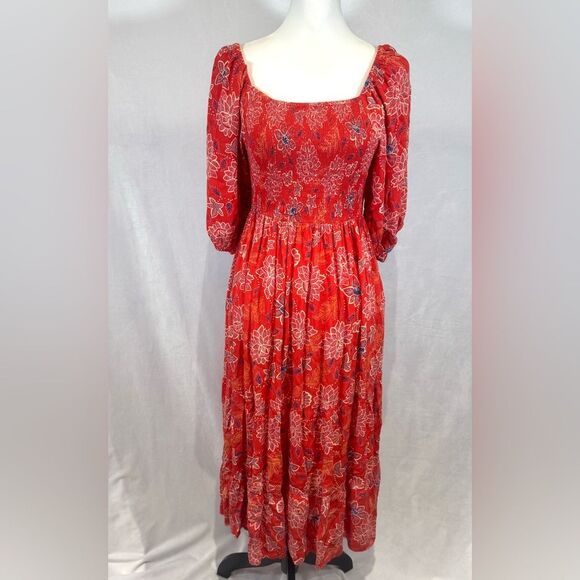 Angie blood orange puff sleeve smocked tiered midi dress size large - Picture 3 of 9